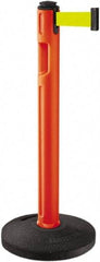 Lavi Industries - 38-1/4" High, 3-1/4" Pole Diam, Stanchion - 16" Base Diam, Dome Recycled Rubber Base, Orange Plastic Post, 12' x 2" Tape, Single Line Tape, For Outdoor Use - Industrial Tool & Supply