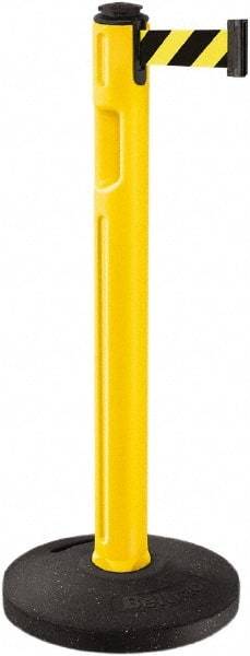 Lavi Industries - 38-1/4" High, 3-1/4" Pole Diam, Stanchion - 16" Base Diam, Dome Recycled Rubber Base, Yellow Plastic Post, 12' x 2" Tape, Single Line Tape, For Outdoor Use - Industrial Tool & Supply