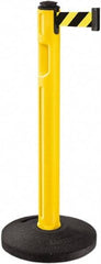 Lavi Industries - 38-1/4" High, 3-1/4" Pole Diam, Stanchion - 16" Base Diam, Dome Recycled Rubber Base, Yellow Plastic Post, 12' x 2" Tape, Single Line Tape, For Outdoor Use - Industrial Tool & Supply
