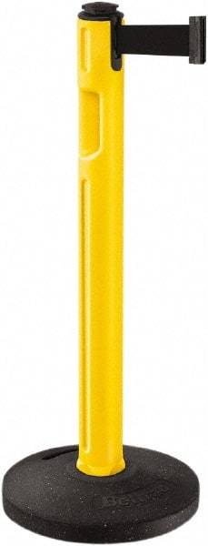 Lavi Industries - 38-1/4" High, 3-1/4" Pole Diam, Stanchion - 16" Base Diam, Dome Recycled Rubber Base, Yellow Plastic Post, 12' x 2" Tape, Single Line Tape, For Outdoor Use - Industrial Tool & Supply