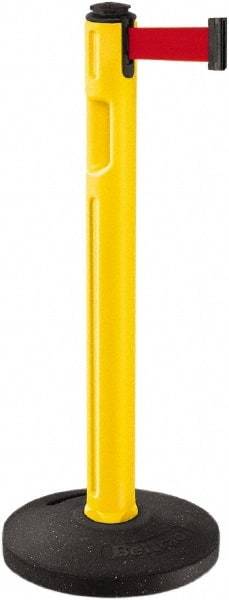 Lavi Industries - 38-1/4" High, 3-1/4" Pole Diam, Stanchion - 16" Base Diam, Dome Recycled Rubber Base, Yellow Plastic Post, 12' x 2" Tape, Single Line Tape, For Outdoor Use - Industrial Tool & Supply