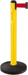 Lavi Industries - 38-1/4" High, 3-1/4" Pole Diam, Stanchion - 16" Base Diam, Dome Recycled Rubber Base, Yellow Plastic Post, 12' x 2" Tape, Single Line Tape, For Outdoor Use - Industrial Tool & Supply