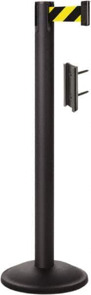 Lavi Industries - 38-1/2" High, 2-3/4" Pole Diam, Stanchion - 12-1/2" Base Diam, Round Steel Base, Black Steel Post, 7' x 2" Tape, Single Line Tape - Industrial Tool & Supply