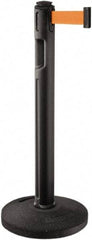 Lavi Industries - 38-1/4" High, 3-1/4" Pole Diam, Stanchion - 16" Base Diam, Dome Recycled Rubber Base, Black Plastic Post, 12' x 2" Tape, Single Line Tape, For Outdoor Use - Industrial Tool & Supply