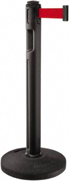 Lavi Industries - 38-1/4" High, 3-1/4" Pole Diam, Stanchion - 16" Base Diam, Dome Recycled Rubber Base, Black Plastic Post, 12' x 2" Tape, Single Line Tape, For Outdoor Use - Industrial Tool & Supply