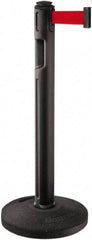 Lavi Industries - 38-1/4" High, 3-1/4" Pole Diam, Stanchion - 16" Base Diam, Dome Recycled Rubber Base, Black Plastic Post, 12' x 2" Tape, Single Line Tape, For Outdoor Use - Industrial Tool & Supply