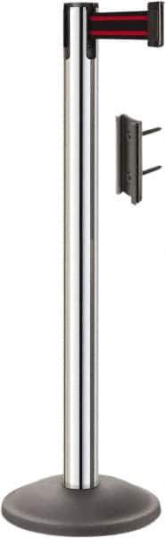 Lavi Industries - 38-1/2" High, 2-3/4" Pole Diam, Stanchion - 12-1/2" Base Diam, Round Steel Base, Polished Chrome (Color) Steel Post, 7' x 2" Tape, Single Line Tape - Industrial Tool & Supply