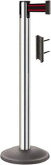 Lavi Industries - 38-1/2" High, 2-3/4" Pole Diam, Stanchion - 12-1/2" Base Diam, Round Steel Base, Polished Chrome (Color) Steel Post, 7' x 2" Tape, Single Line Tape - Industrial Tool & Supply