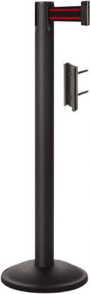 Lavi Industries - 38-1/2" High, 2-3/4" Pole Diam, Stanchion - 12-1/2" Base Diam, Round Steel Base, Black Steel Post, 7' x 2" Tape, Single Line Tape - Industrial Tool & Supply