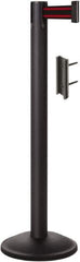 Lavi Industries - 38-1/2" High, 2-3/4" Pole Diam, Stanchion - 12-1/2" Base Diam, Round Steel Base, Black Steel Post, 7' x 2" Tape, Single Line Tape - Industrial Tool & Supply