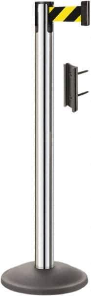 Lavi Industries - 38-1/2" High, 2-3/4" Pole Diam, Stanchion - 12-1/2" Base Diam, Round Steel Base, Polished Chrome (Color) Steel Post, 7' x 2" Tape, Single Line Tape - Industrial Tool & Supply