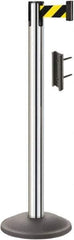 Lavi Industries - 38-1/2" High, 2-3/4" Pole Diam, Stanchion - 12-1/2" Base Diam, Round Steel Base, Polished Chrome (Color) Steel Post, 7' x 2" Tape, Single Line Tape - Industrial Tool & Supply