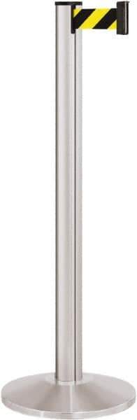 Lavi Industries - 40" High, 2-3/4" Pole Diam, Stanchion - 14" Base Diam, Dome Cast Iron Base, Satin Chrome (Color) Aluminum Post, 7' x 2" Tape, Single Line Tape - Industrial Tool & Supply