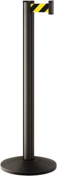 Lavi Industries - 40" High, 2-3/4" Pole Diam, Stanchion - 14" Base Diam, Dome Cast Iron Base, Black Aluminum Post, 7' x 2" Tape, Single Line Tape - Industrial Tool & Supply