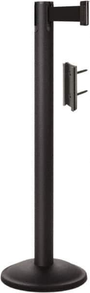 Lavi Industries - 38-1/2" High, 2-3/4" Pole Diam, Stanchion - 12-1/2" Base Diam, Round Steel Base, Black Steel Post, 7' x 2" Tape, Single Line Tape - Industrial Tool & Supply