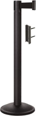 Lavi Industries - 38-1/2" High, 2-3/4" Pole Diam, Stanchion - 12-1/2" Base Diam, Round Steel Base, Black Steel Post, 7' x 2" Tape, Single Line Tape - Industrial Tool & Supply