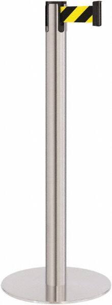 Lavi Industries - 40" High, 2-3/4" Pole Diam, Stanchion - 14-1/2" Base Diam, Flat Cast Iron Base, Satin Chrome (Color) Steel Post, 7' x 2" Tape, Single Line Tape - Industrial Tool & Supply