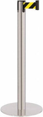 Lavi Industries - 40" High, 2-3/4" Pole Diam, Stanchion - 14-1/2" Base Diam, Flat Cast Iron Base, Satin Chrome (Color) Steel Post, 7' x 2" Tape, Single Line Tape - Industrial Tool & Supply