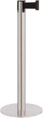 Lavi Industries - 40" High, 2-3/4" Pole Diam, Stanchion - 14-1/2" Base Diam, Flat Cast Iron Base, Satin Chrome (Color) Steel Post, 7' x 2" Tape, Single Line Tape - Industrial Tool & Supply