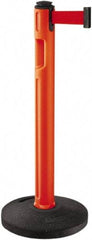 Lavi Industries - 38-1/4" High, 3-1/4" Pole Diam, Stanchion - 16" Base Diam, Dome Recycled Rubber Base, Orange Plastic Post, 12' x 2" Tape, Single Line Tape, For Outdoor Use - Industrial Tool & Supply