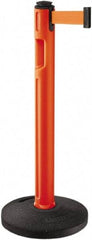 Lavi Industries - 38-1/4" High, 3-1/4" Pole Diam, Stanchion - 16" Base Diam, Dome Recycled Rubber Base, Orange Plastic Post, 12' x 2" Tape, Single Line Tape, For Outdoor Use - Industrial Tool & Supply