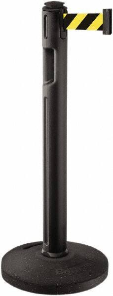 Lavi Industries - 38-1/4" High, 3-1/4" Pole Diam, Stanchion - 16" Base Diam, Dome Recycled Rubber Base, Black Plastic Post, 12' x 2" Tape, Single Line Tape, For Outdoor Use - Industrial Tool & Supply