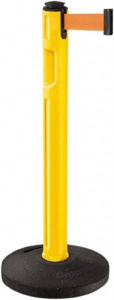 Lavi Industries - 38-1/4" High, 3-1/4" Pole Diam, Stanchion - 16" Base Diam, Dome Recycled Rubber Base, Yellow Plastic Post, 12' x 2" Tape, Single Line Tape, For Outdoor Use - Industrial Tool & Supply