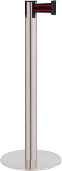 Lavi Industries - 40" High, 2-3/4" Pole Diam, Stanchion - 14-1/2" Base Diam, Flat Cast Iron Base, Satin Chrome (Color) Steel Post, 7' x 2" Tape, Single Line Tape - Industrial Tool & Supply