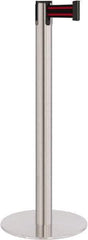 Lavi Industries - 40" High, 2-3/4" Pole Diam, Stanchion - 14-1/2" Base Diam, Flat Cast Iron Base, Satin Chrome (Color) Steel Post, 7' x 2" Tape, Single Line Tape - Industrial Tool & Supply