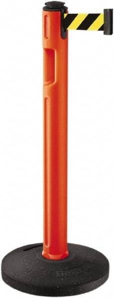 Lavi Industries - 38-1/4" High, 3-1/4" Pole Diam, Stanchion - 16" Base Diam, Dome Recycled Rubber Base, Orange Plastic Post, 12' x 2" Tape, Single Line Tape, For Outdoor Use - Industrial Tool & Supply