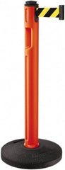Lavi Industries - 38-1/4" High, 3-1/4" Pole Diam, Stanchion - 16" Base Diam, Dome Recycled Rubber Base, Orange Plastic Post, 12' x 2" Tape, Single Line Tape, For Outdoor Use - Industrial Tool & Supply