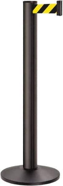 Lavi Industries - 40" High, 2-3/4" Pole Diam, Stanchion - 14" Base Diam, Dome Cast Iron Base, Black Aluminum Post, 13' x 2" Tape, Single Line Tape - Industrial Tool & Supply