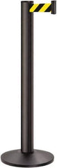 Lavi Industries - 40" High, 2-3/4" Pole Diam, Stanchion - 14" Base Diam, Dome Cast Iron Base, Black Aluminum Post, 13' x 2" Tape, Single Line Tape - Industrial Tool & Supply