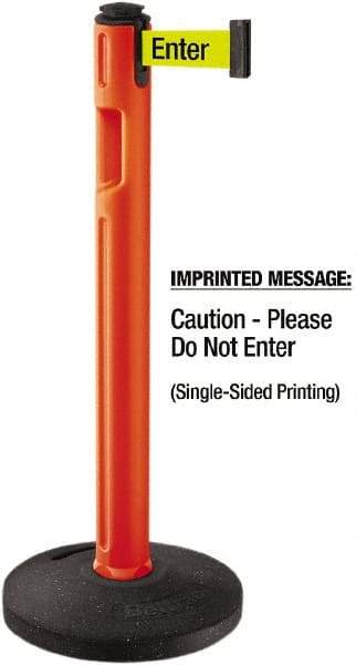 Lavi Industries - 38-1/4" High, 3-1/4" Pole Diam, Stanchion - 16" Base Diam, Dome Recycled Rubber Base, Orange Plastic Post, 12' x 2" Tape, Single Line Tape, For Outdoor Use - Industrial Tool & Supply