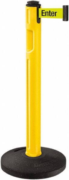 Lavi Industries - 38-1/4" High, 3-1/4" Pole Diam, Stanchion - 16" Base Diam, Dome Recycled Rubber Base, Yellow Plastic Post, 12' x 2" Tape, Single Line Tape, For Outdoor Use - Industrial Tool & Supply