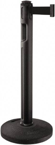 Lavi Industries - 38-1/4" High, 3-1/4" Pole Diam, Stanchion - 16" Base Diam, Dome Recycled Rubber Base, Black Plastic Post, 12' x 2" Tape, Single Line Tape, For Outdoor Use - Industrial Tool & Supply