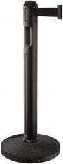 Lavi Industries - 38-1/4" High, 3-1/4" Pole Diam, Stanchion - 16" Base Diam, Dome Recycled Rubber Base, Black Plastic Post, 12' x 2" Tape, Single Line Tape, For Outdoor Use - Industrial Tool & Supply
