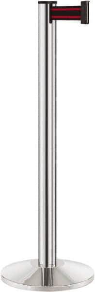 Lavi Industries - 40" High, 2-3/4" Pole Diam, Stanchion - 14" Base Diam, Dome Cast Iron Base, Polished Chrome (Color) Aluminum Post, 7' x 2" Tape, Single Line Tape - Industrial Tool & Supply
