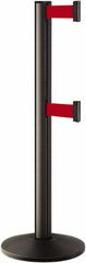 Lavi Industries - 40" High, 2-3/4" Pole Diam, Stanchion - 14" Base Diam, Dome Cast Iron Base, Black Aluminum Post, 7' x 2" Tape, Single Line Tape - Industrial Tool & Supply