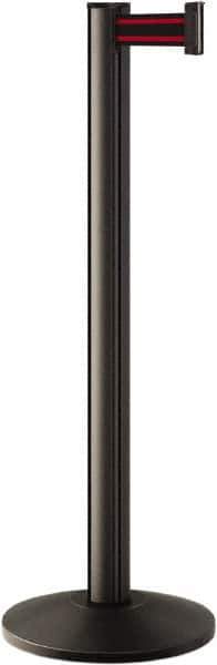Lavi Industries - 40" High, 2-3/4" Pole Diam, Stanchion - 14" Base Diam, Dome Cast Iron Base, Black Aluminum Post, 7' x 2" Tape, Single Line Tape - Industrial Tool & Supply