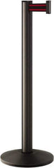Lavi Industries - 40" High, 2-3/4" Pole Diam, Stanchion - 14" Base Diam, Dome Cast Iron Base, Black Aluminum Post, 7' x 2" Tape, Single Line Tape - Industrial Tool & Supply