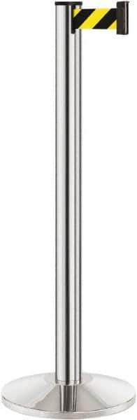 Lavi Industries - 40" High, 2-3/4" Pole Diam, Stanchion - 14" Base Diam, Dome Cast Iron Base, Polished Chrome (Color) Aluminum Post, 7' x 2" Tape, Single Line Tape - Industrial Tool & Supply