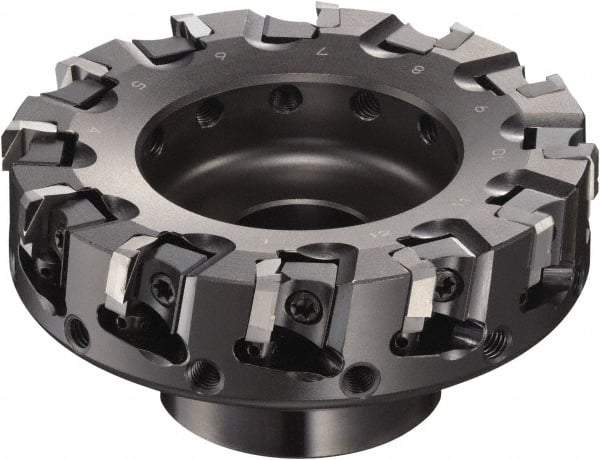 Sumitomo - 125mm Cut Diam, 15.9mm Arbor Hole, 63mm Max Depth of Cut, 90° Indexable Chamfer & Angle Face Mill - 15 Inserts, NF-LDEN Insert, Right Hand Cut, 15 Flutes, Through Coolant, Series HF - Industrial Tool & Supply