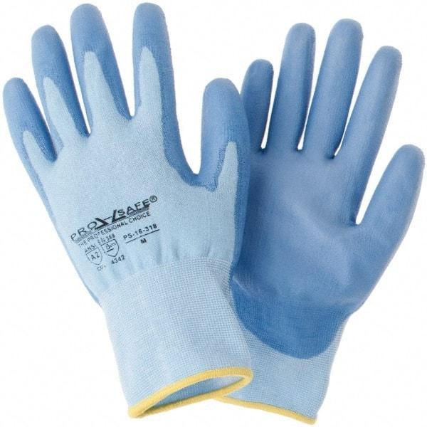 PRO-SAFE - Size M (8), ANSI Cut Lvl 2, Polyurethane Coated HPPE Fiber Cut Resistant Gloves - Palm & Fingers Coated, Continuous Knit Cuff, Blue, Paired - Industrial Tool & Supply