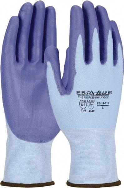 PRO-SAFE - Size S (7), ANSI Cut Lvl 2, Polyurethane Coated HPPE Fiber Cut Resistant Gloves - Palm & Fingers Coated, Continuous Knit Cuff, Blue, Paired - Industrial Tool & Supply
