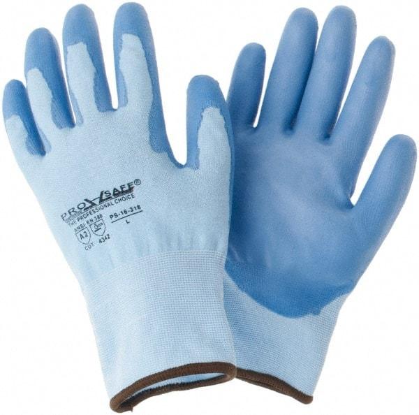 PRO-SAFE - Size L (9), ANSI Cut Lvl 2, Polyurethane Coated HPPE Fiber Cut Resistant Gloves - Palm & Fingers Coated, Continuous Knit Cuff, Blue, Paired - Industrial Tool & Supply