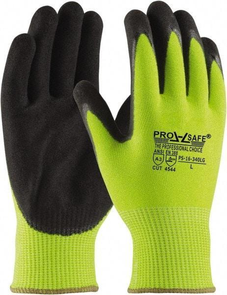 PRO-SAFE - Size XL (10), ANSI Cut Lvl 3, Nitrile Coated HPPE Fiber Cut Resistant Gloves - Palm & Fingers Coated, Continuous Knit Cuff, Hi-Vis Yellow, Paired - Industrial Tool & Supply
