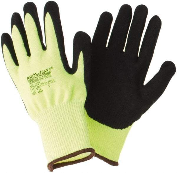PRO-SAFE - Size L (9), ANSI Cut Lvl 3, Nitrile Coated HPPE Fiber Cut Resistant Gloves - Palm & Fingers Coated, Continuous Knit Cuff, Hi-Vis Yellow, Paired - Industrial Tool & Supply