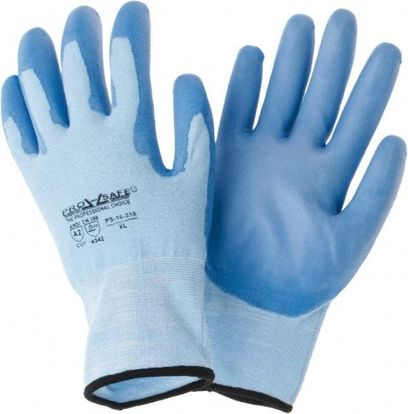 PRO-SAFE - Size XL (10), ANSI Cut Lvl 2, Polyurethane Coated HPPE Fiber Cut Resistant Gloves - Palm & Fingers Coated, Continuous Knit Cuff, Blue, Paired - Industrial Tool & Supply