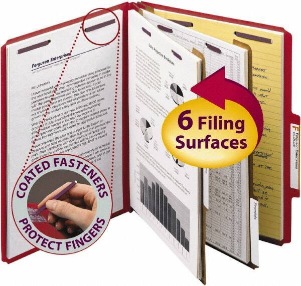 SMEAD - 8-1/2 x 11", Letter Size, Bright Red, Classification Folders with Top Tab Fastener - 23 Point Stock, Right of Center Tab Cut Location - Industrial Tool & Supply